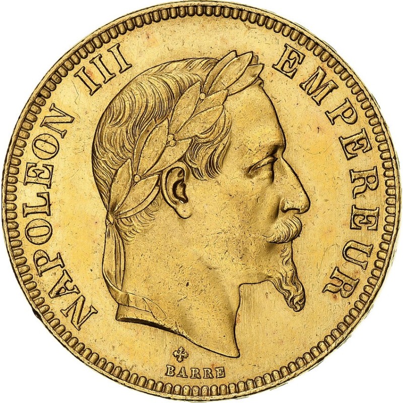 Золотая монета 100 франков Наполеона III (29,03 г чистого золота, проба 0,900)