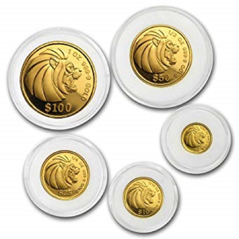 Набор из 5-ти золотых монет Сингапура "Лев" 1992 г.в., 59.07 г чистого золота (Проба 0,9999)
