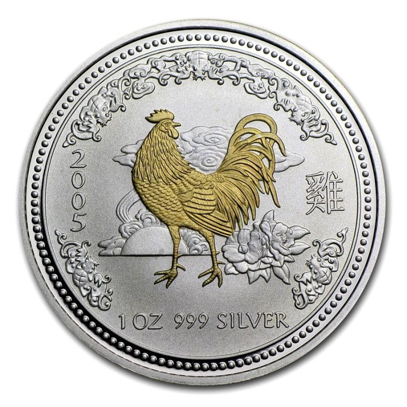 Серебряная монета Австралии «Год Петуха» 2005 г.в.(с позолотой), 31.1 г чистого серебра (проба 0.999)