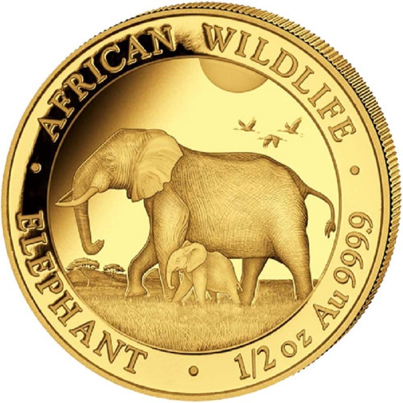 Золотая монета Сомали - Слон 2022 г.в., 15.55 г чистого золота (проба 0,9999)