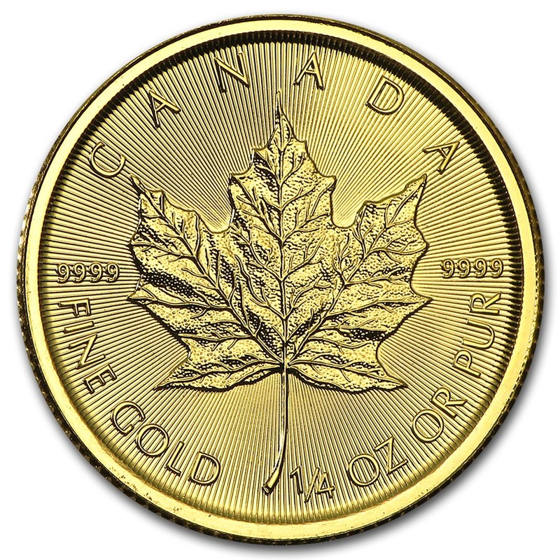 Канадская инвестиционная золотая монета Кленовый Лист, 1/4  тройской унции (7.78 г) чистого золота (проба 0,9999)
