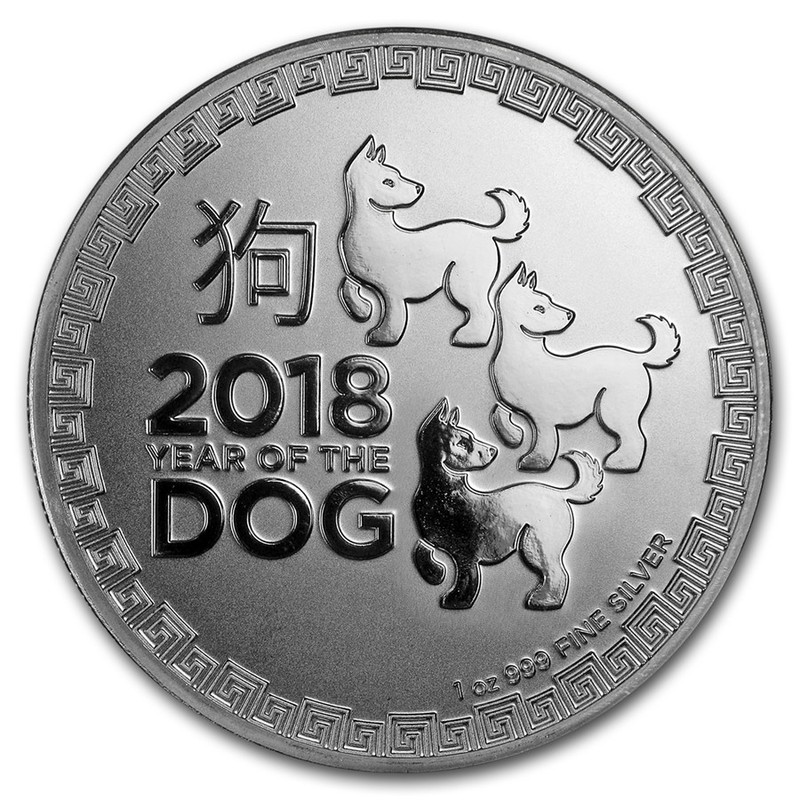 Серебряная монета Ниуэ - Год Собаки, 2018 г.в., 31,1 г чистого серебра (Проба 0,999)