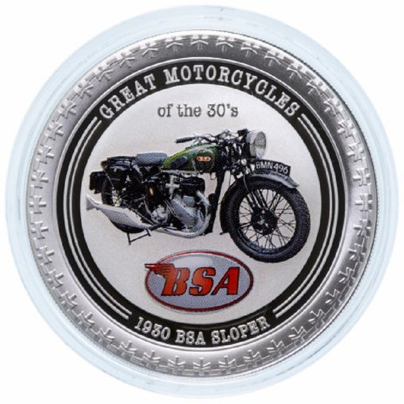 Серебряная монета Островов Кука "Великие мотоциклы 30-х: 1930 BSA Sloper" 2007 г.в., 31.1 г чистого серебра (Проба 0,999)