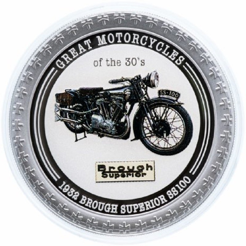 Серебряная монета Островов Кука "Великие мотоциклы 30-х: 1932 Brough Superior SS100" 2007 г.в., 31.1 г чистого серебра (Проба 0,999)