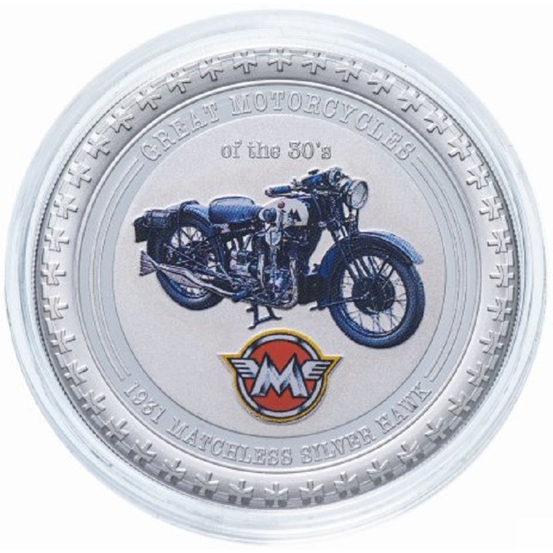 Серебряная монета Островов Кука "Великие мотоциклы 30-х: 1931 Matchless Silver Hawk" 2007 г.в., 31.1 г чистого серебра (Проба 0,999)
