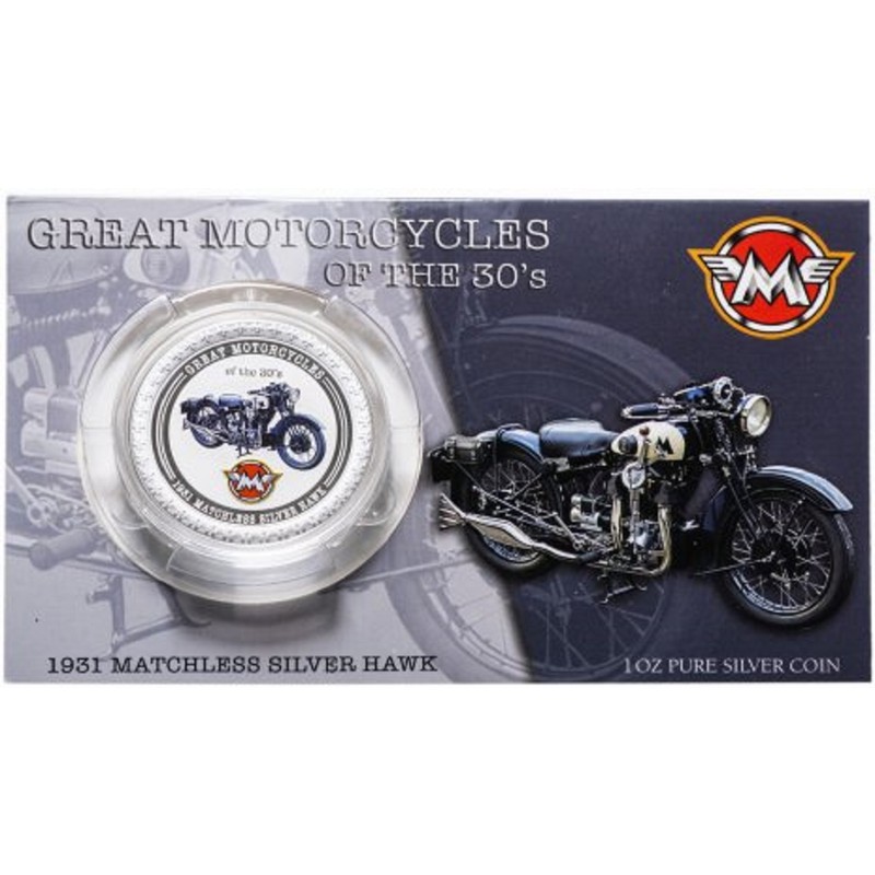 Серебряная монета Островов Кука "Великие мотоциклы 30-х: 1931 Matchless Silver Hawk" 2007 г.в., 31.1 г чистого серебра (Проба 0,999)