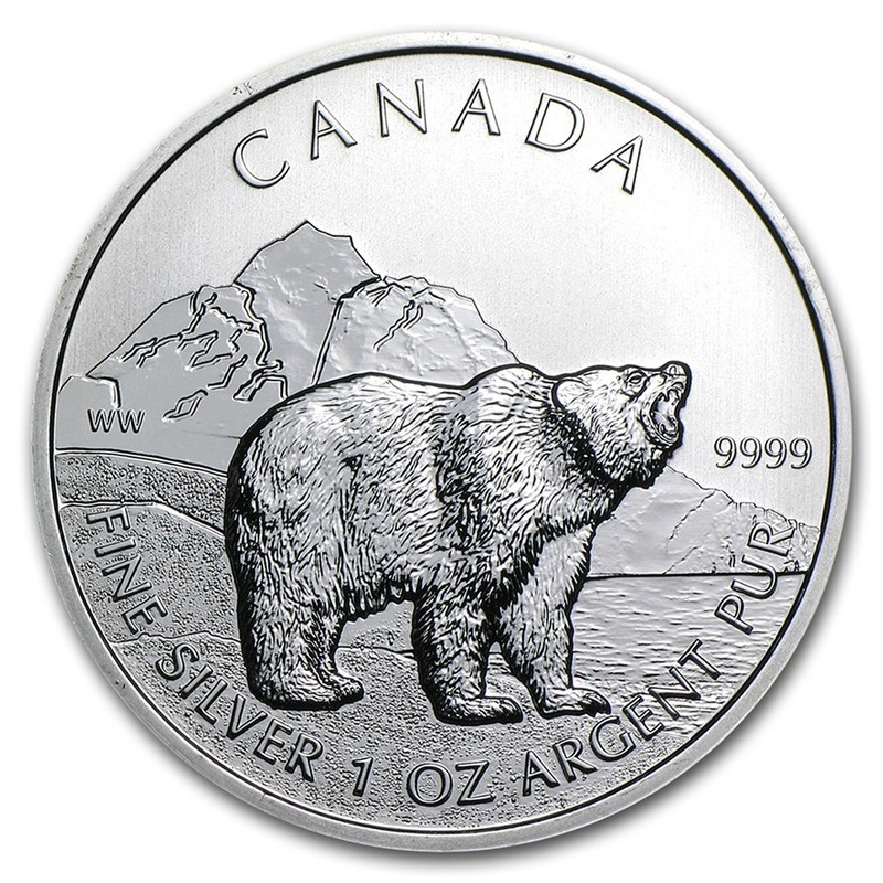 Серебряная монета Канады "Гризли" 2011 г.в.,  31.1 г чистого серебра (Проба 0,9999)