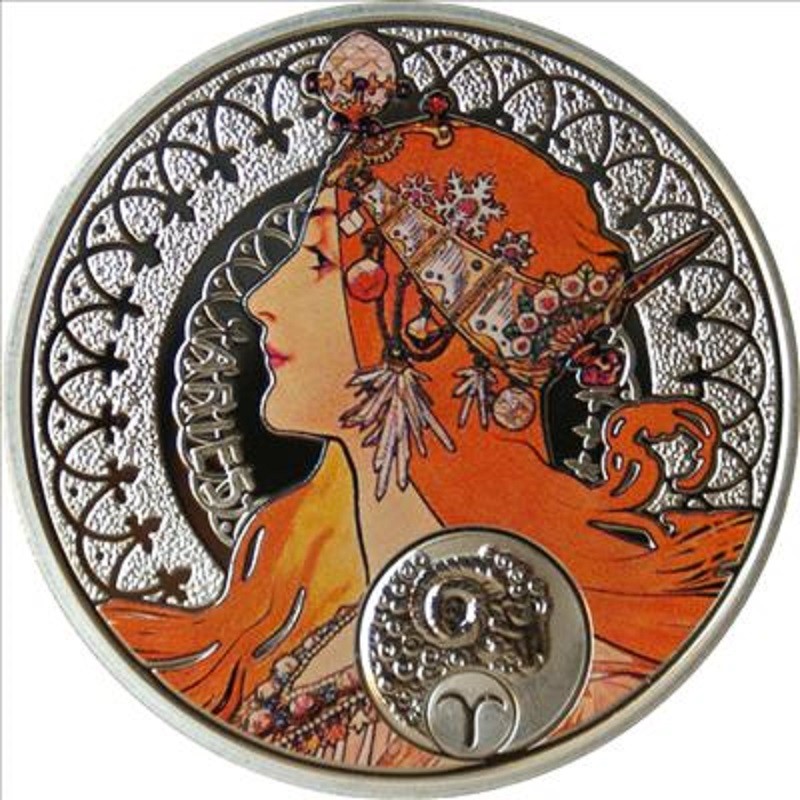 Серебряная монета Ниуэ "Зодиак Альфонса Мухи - Овен" 2011 г.в., 26.16 г чистого серебра (Проба 0,925)