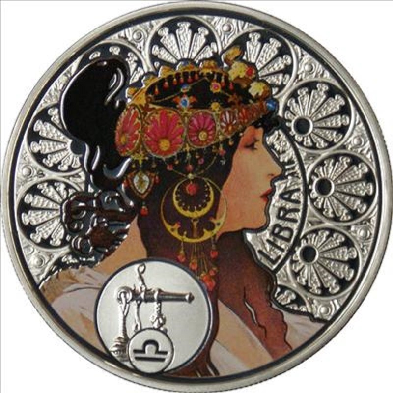 Серебряная монета Ниуэ "Зодиак Альфонса Мухи - Весы" 2011 г.в., 26.16 г чистого серебра (Проба 0,925)