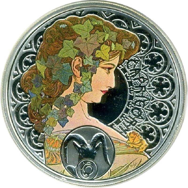 Серебряная монета Ниуэ "Зодиак Альфонса Мухи - Козерог" 2010 г.в., 26.16 г чистого серебра (Проба 0,925)
