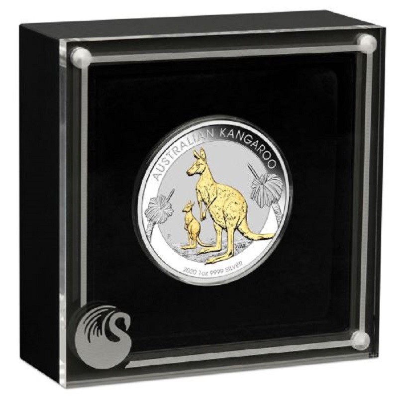 Серебряная монета Австралии "Кенгуру" 2020 г.в. (с позолотой), 31.1 г чистого серебра (Проба 0,9999)