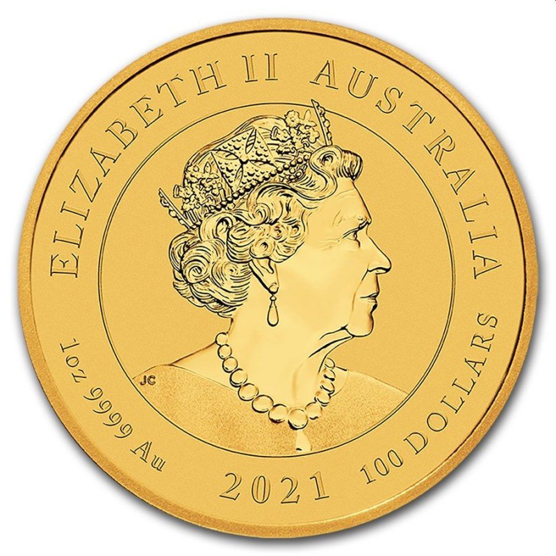 Золотая монета Австралии "Львы-хранители Пиксиу" 2021 г.в., 31.1 г чистого золота (Проба 0,9999)
