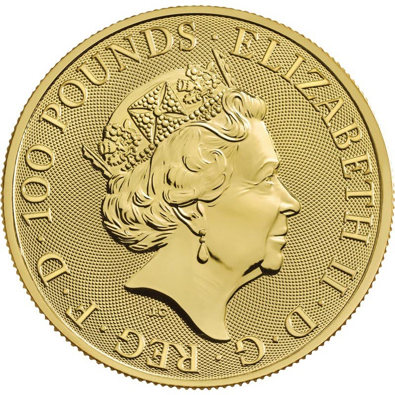 Золотая монета Великобритании "Десять зверей Королевы" 2021 г.в., 31.1 г чистого золота (проба 0.9999)