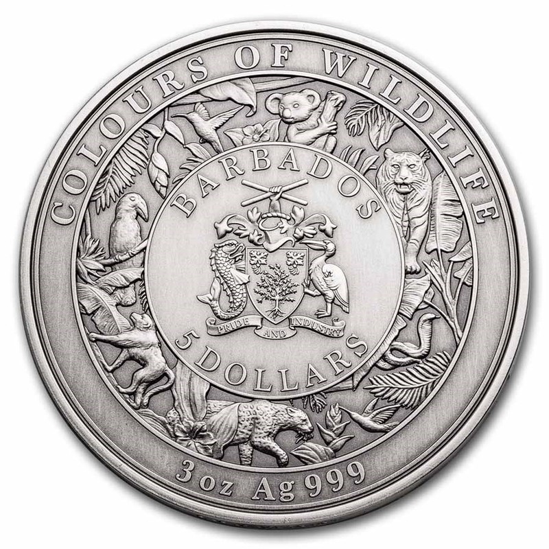 Серебряная монета Барбадоса "Цвета дикой природы: Тигр" 2021 г.в., 93.3 г чистого серебра (Проба 0,999)