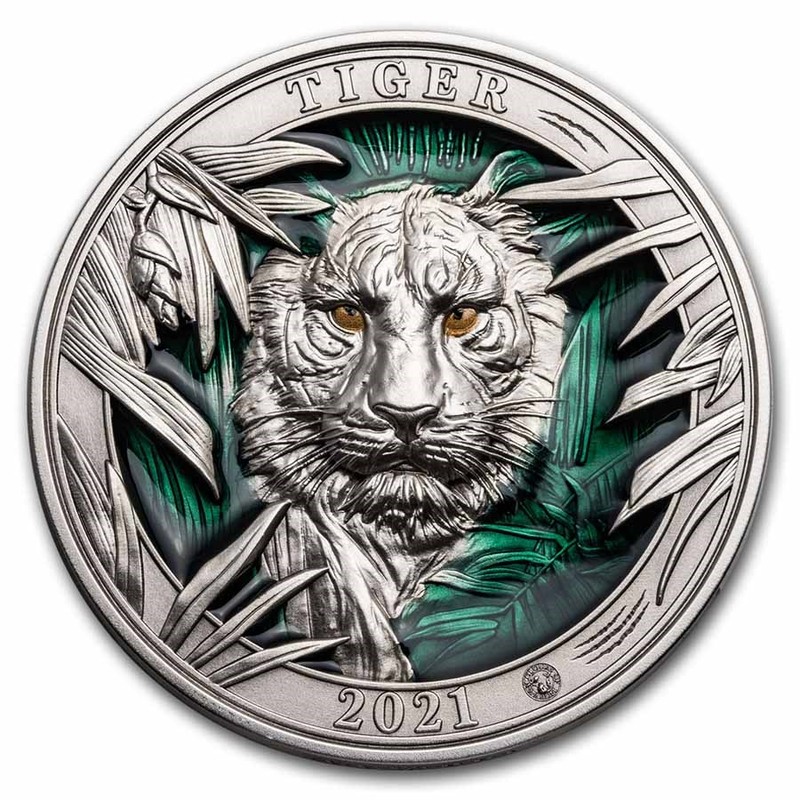 Серебряная монета Барбадоса "Цвета дикой природы: Тигр" 2021 г.в., 93.3 г чистого серебра (Проба 0,999)
