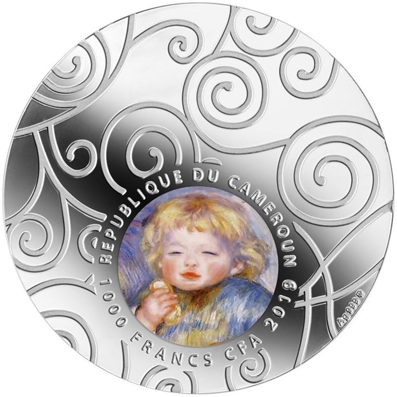 Серебряная монета Камеруна "Материнство в искусстве. Пьер Огюст Ренуар" 2019 г.в., 31.1 г чистого серебра (Проба 0,999)
