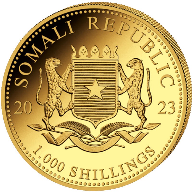 Золотая монета Сомали "Слон" 2023 г.в., 31.1 г чистого золота (Проба 0,9999)