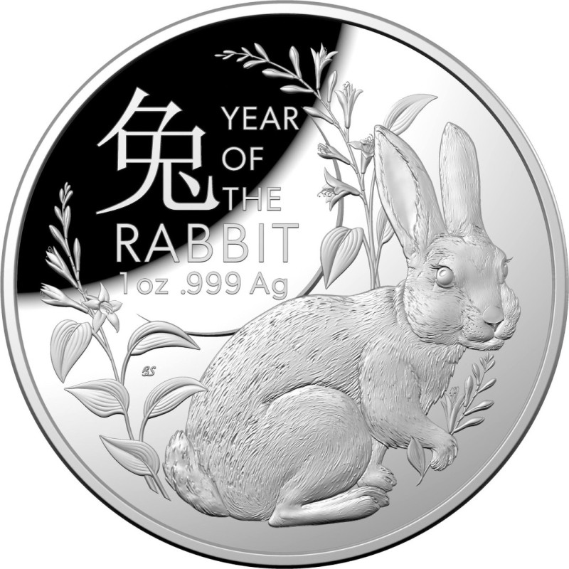Серебряная монета Австралии "Год Кролика" 2023 г.в. (КМД - пруф), 31.1 г чистого серебра (Проба 0,9999)