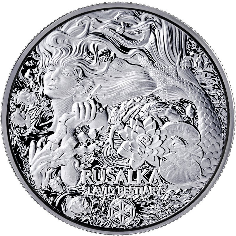Серебряная монета Камеруна "Славянский бестиарий - Русалка" 2022 г.в., (высокий рельеф), 62.2 г чистого серебра (проба 999)