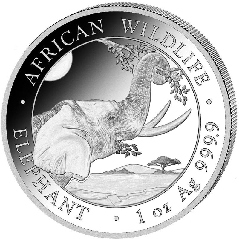 Серебряная монета Сомали "Слон" 2023 г.в., 31.1 г чистого серебра (проба 9999)