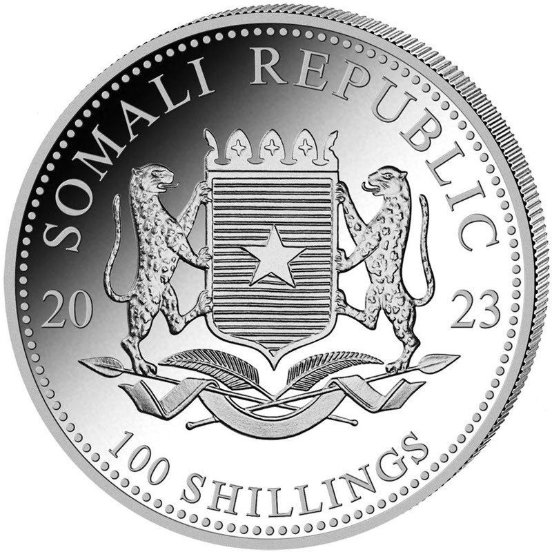 Серебряная монета Сомали "Слон" 2023 г.в., 31.1 г чистого серебра (проба 9999)