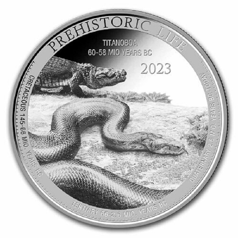 Серебряная монета Конго "Доисторическая жизнь: Титанобоа" 2023 г.в., 31.1 г чистого серебра (Проба 0,999)