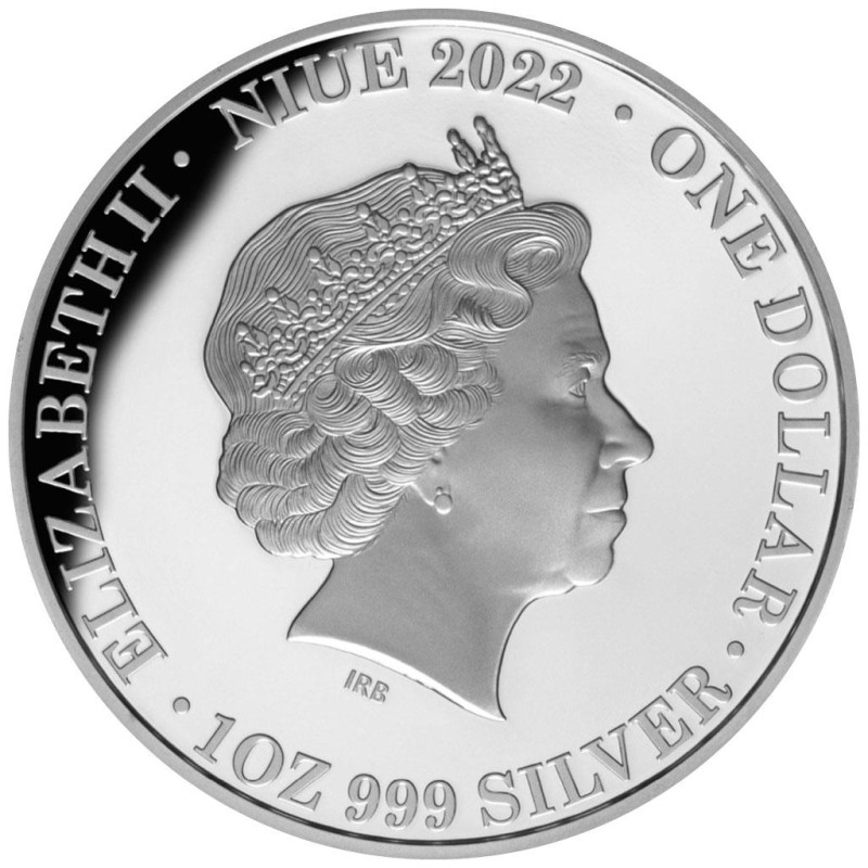 Серебряная монета Ниуэ "В память Королевы Елизаветы II" 2022 г.в.(с позолотой), 31.1 г чистого серебра (Проба 0,999)