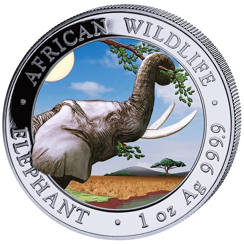 Серебряная монета Сомали "Слон" 2023 г.в.(дневной дизайн), 31.1 г чистого серебра (проба 9999)