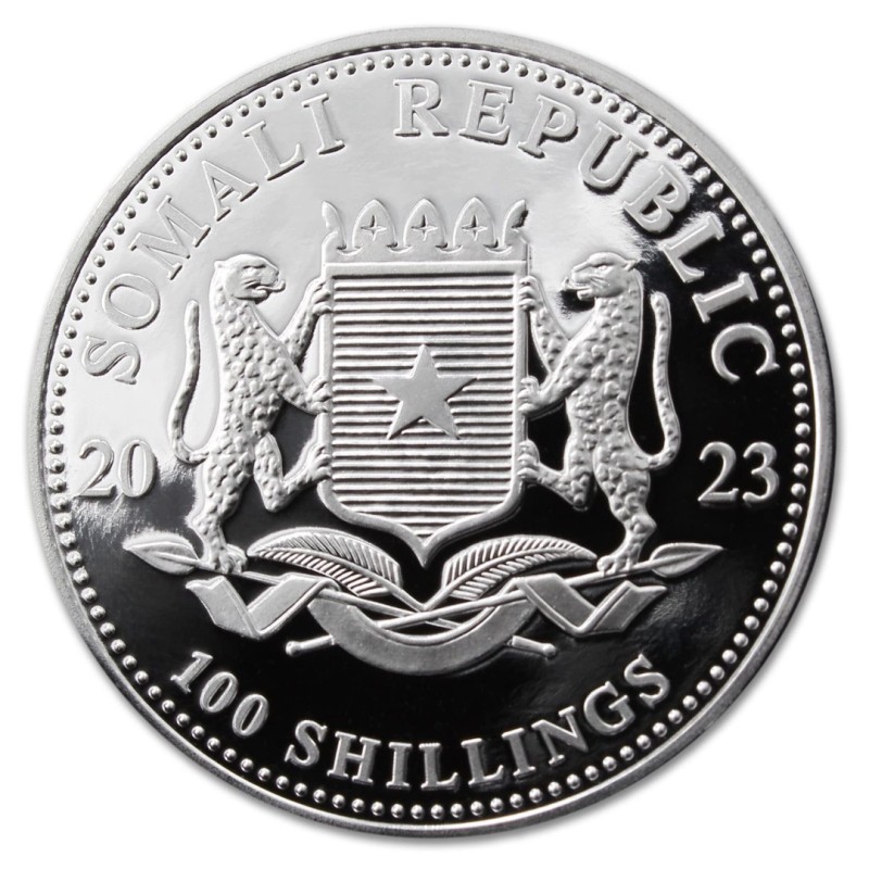 Серебряная монета Сомали "Слон" 2023 г.в.(дневной дизайн), 31.1 г чистого серебра (проба 9999)