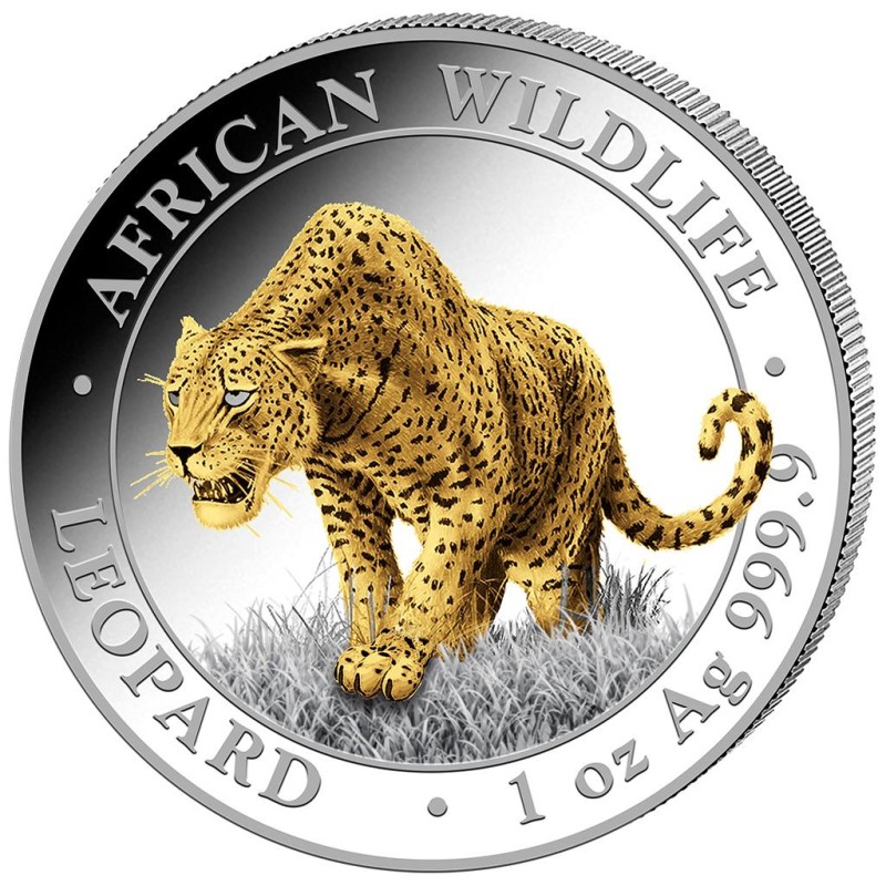 Серебряная монета Сомали "Леопард" 2023 г.в.(с позолотой), 31.1 г чистого серебра (Проба 0,9999)