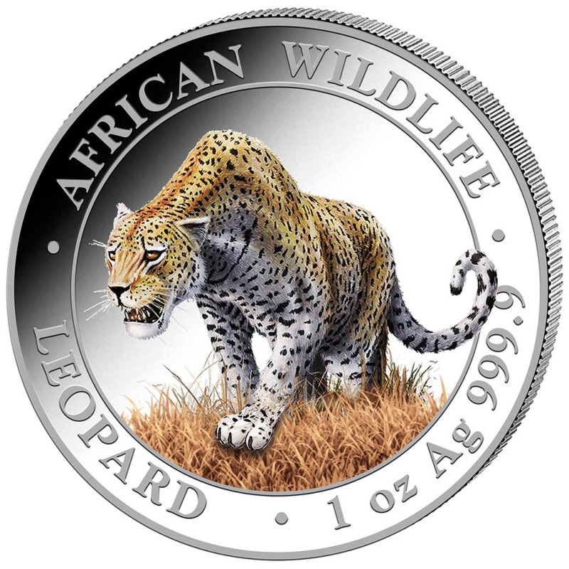 Серебряная монета Сомали "Леопард" 2023 г.в.(с цветом), 31.1 г чистого серебра (Проба 0,9999)