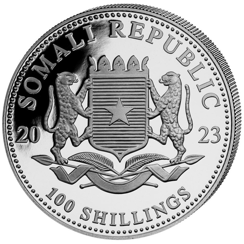 Серебряная монета Сомали "Леопард" 2023 г.в.(с цветом), 31.1 г чистого серебра (Проба 0,9999)