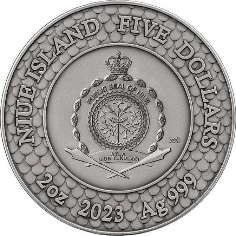 Серебряная монета Ниуэ "Черная жемчужина и Дракон" 2023 г.в., 62.2 г чистого серебра (Проба 0,999)
