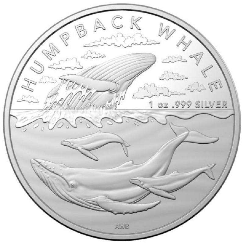 Серебряная монета Австралии "Австралийская Антарктическая территория: Горбатый кит" 2023 г.в., 31.1 г чистого серебра (Проба 0,999)
