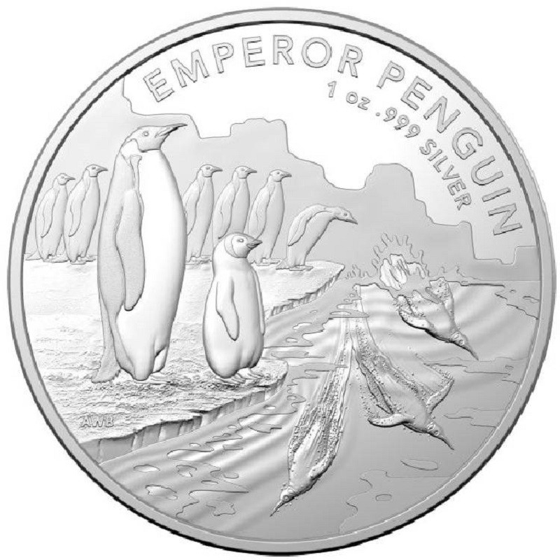 Серебряная монета Австралии "Австралийская Антарктическая территория: Императорский пингвин" 2023 г.в., 31.1 г чистого серебра (Проба 0,999)