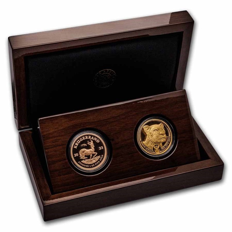 Набор из 2-х золотых монет ЮАР "Крюгерранд и Леопард" 2023 г.в., 31.1 г чистого золота (Проба 0,917) + 31.1 г чистого золота (Проба 0,999)