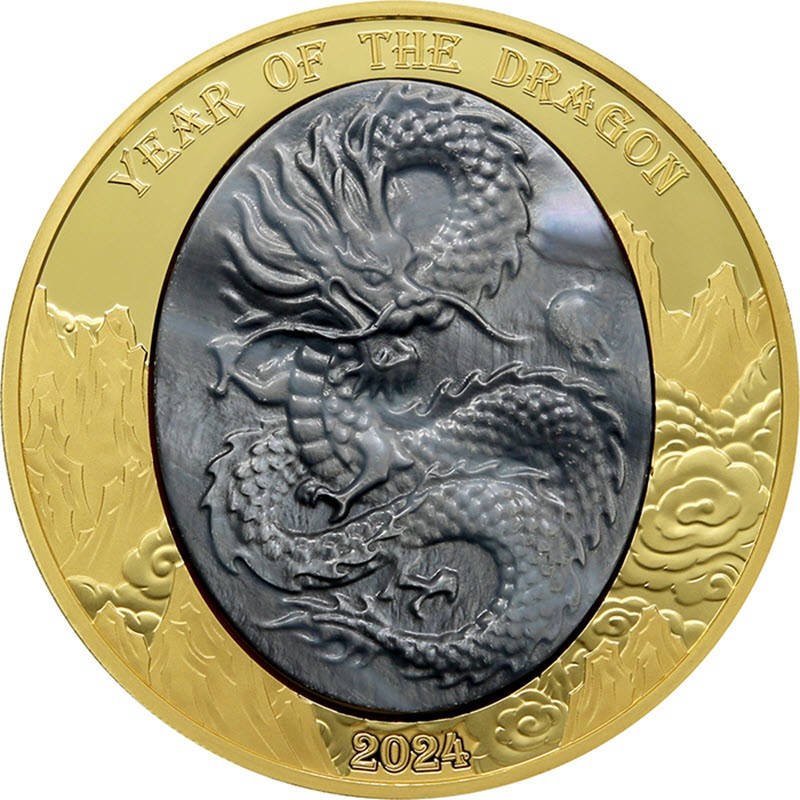 Золотая монета Соломоновых островов "Год Дракона" 2024 г.в. (с перламутром), 155.5 г чистого золота (проба 999)