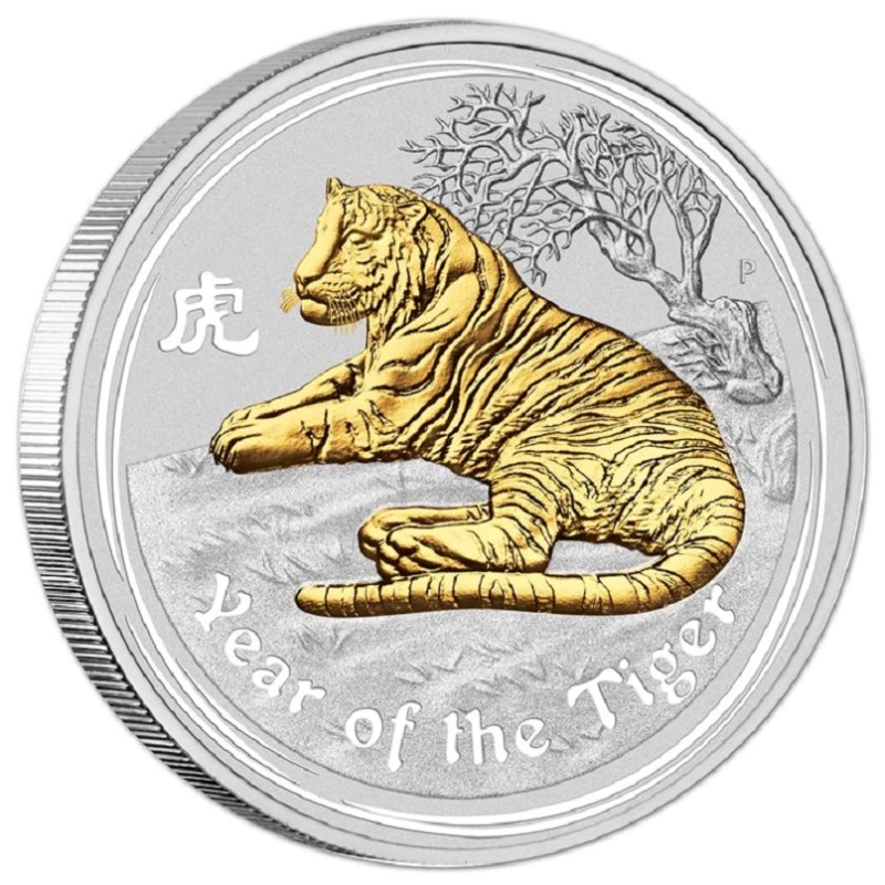 Серебряная монета Австралии «Год Тигра» 2010 г.в. (с позолотой), 31.1 г чистого серебра (проба 0.999)
