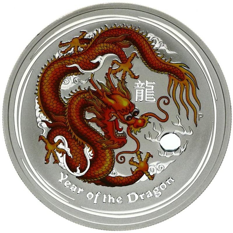Серебряная монета Австралии «Год Дракона» 2012 г.в. (коричневый), 31.1 г чистого серебра (проба 999)