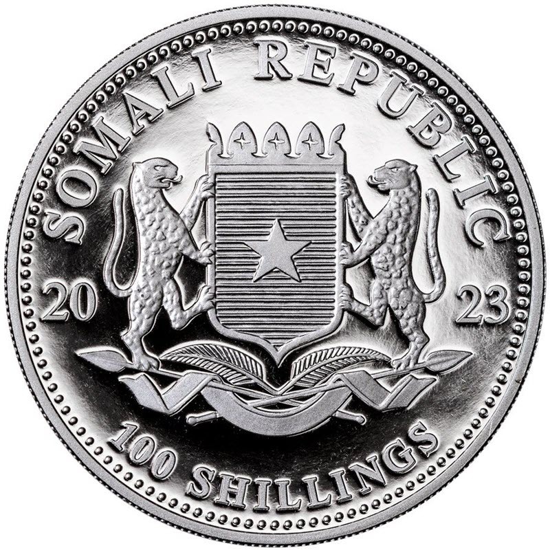 Серебряная монета Сомали "Леопард" 2023 г.в., 31.1 г чистого серебра (проба 9999)