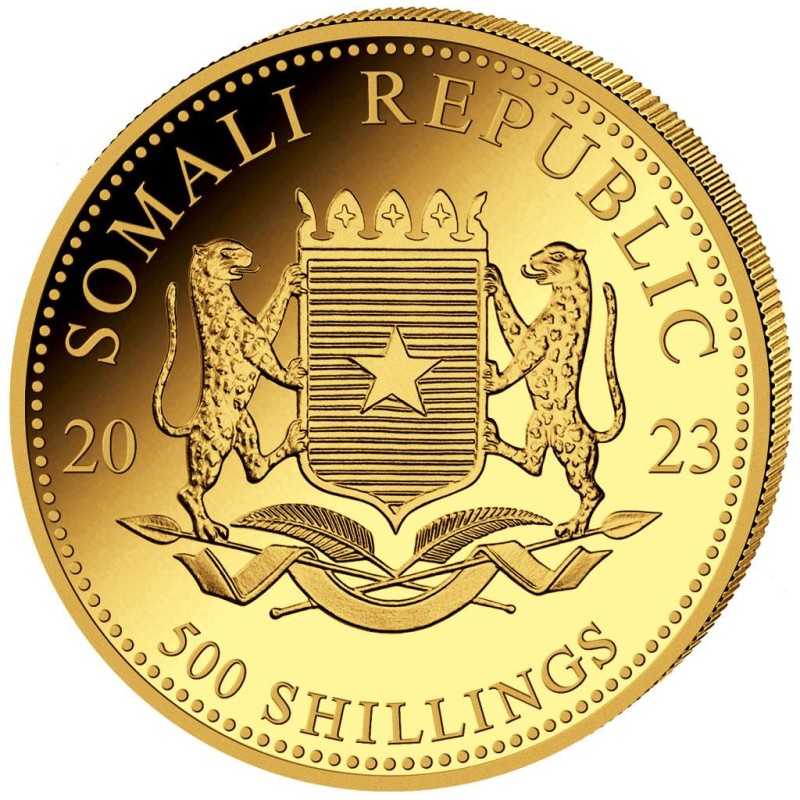 Золотая монета Сомали "Слон" 2023 г.в., 15.55 г чистого золота (Проба 0,9999)