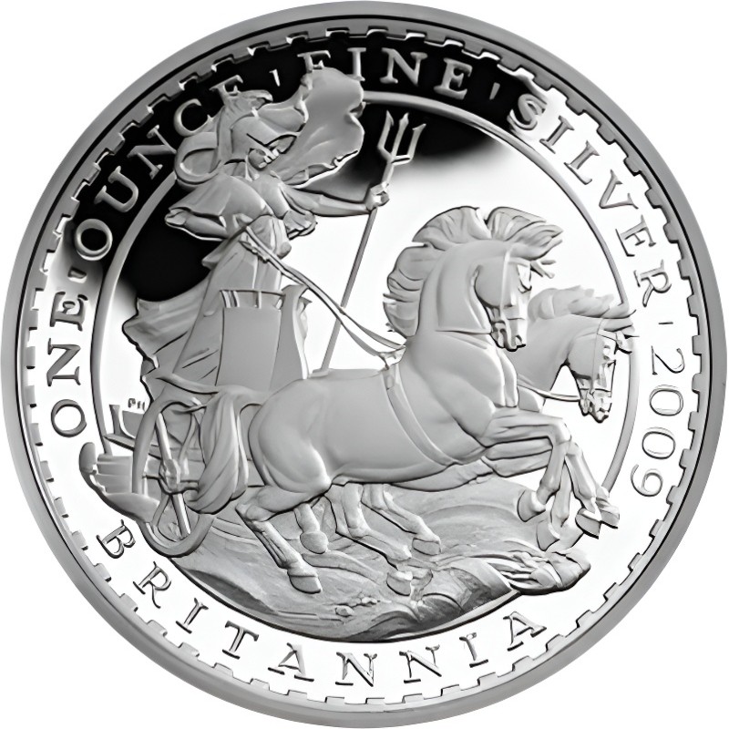Серебряная монета Великобритании «Британия на колеснице» 2009 г.в., 31.1 г чистого серебра (проба 958)