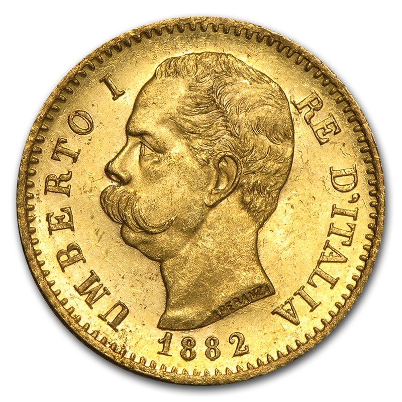 Золотая монета Италии «Умберто I» , 5.81 г чистого золота (проба 0.900)