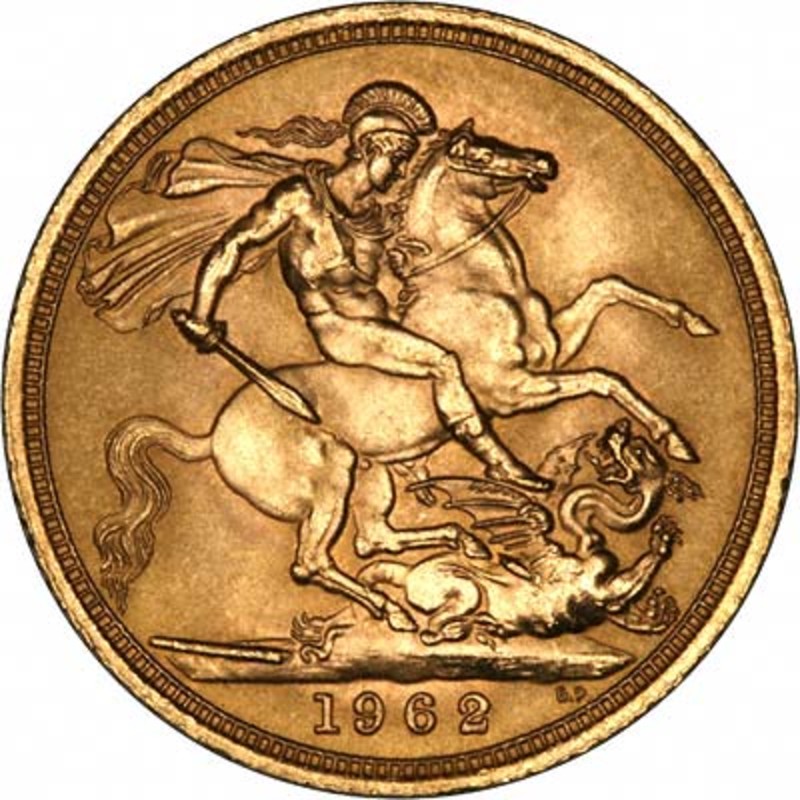Золотая монета Великобритании «Соверен  Елизаветы II»(1957-1968 г.в. 1-й портрет), 7.32 г чистого золота (проба 0.917)