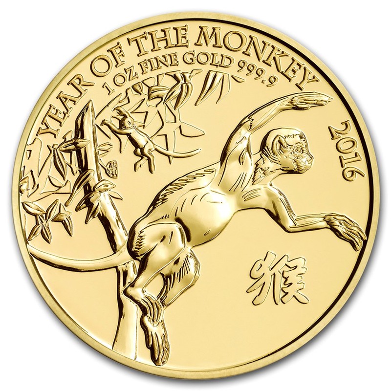 Золотая инвестиционная монета Великобритании 2016 г.в. Лунный календарь - год обезьяны 31,1 г чистого золота (проба 9999)