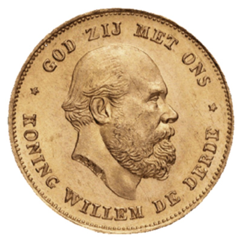 Золотая старинная монета Нидерландов Виллема III, 10 гульденов, 1875 г.в., 6.06 г. чистого золота (проба 0.900)