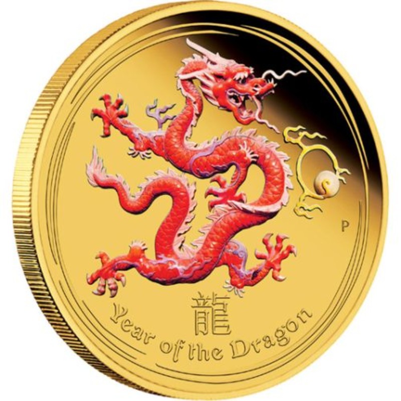 Золотая монета Австралии Лунар II, 2012 г. - год Дракона, с цветным изображением, 3,11 г чистого золота (Проба 0,9999)