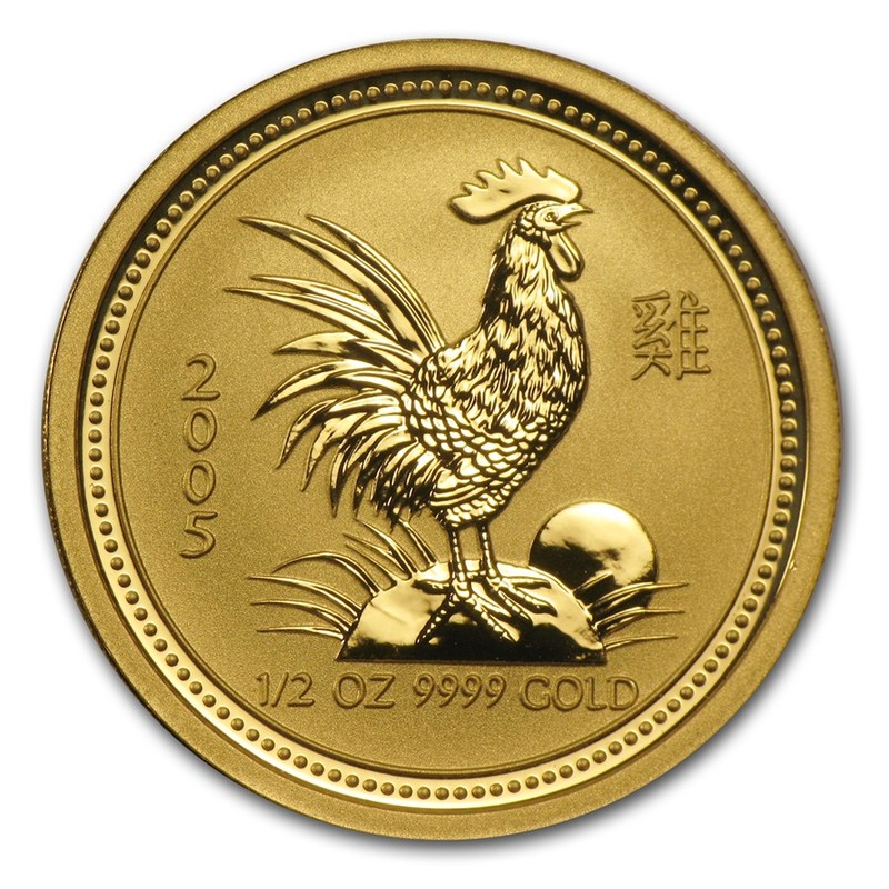 Золотая монета Австралии Лунар I Год Петуха 2005, 1/2 тройской унции (15,55 г) чистого золота (проба 0,9999)
