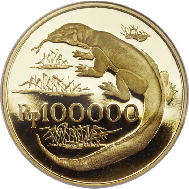 Золотая монета Индонезии "Варан", 1974 г.в., 30,09 г чистого золота (проба 0,900)