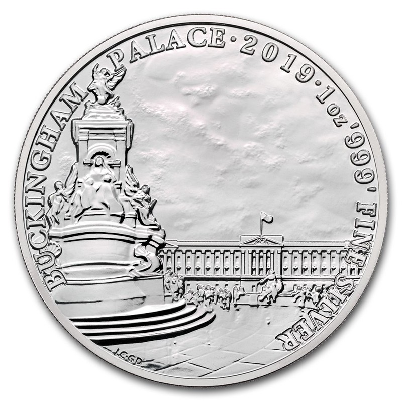 Серебряная монета Великобритания "Букингемский дворец" 2019 г.в., 31,1 г чистого серебра (Проба 0,999)
